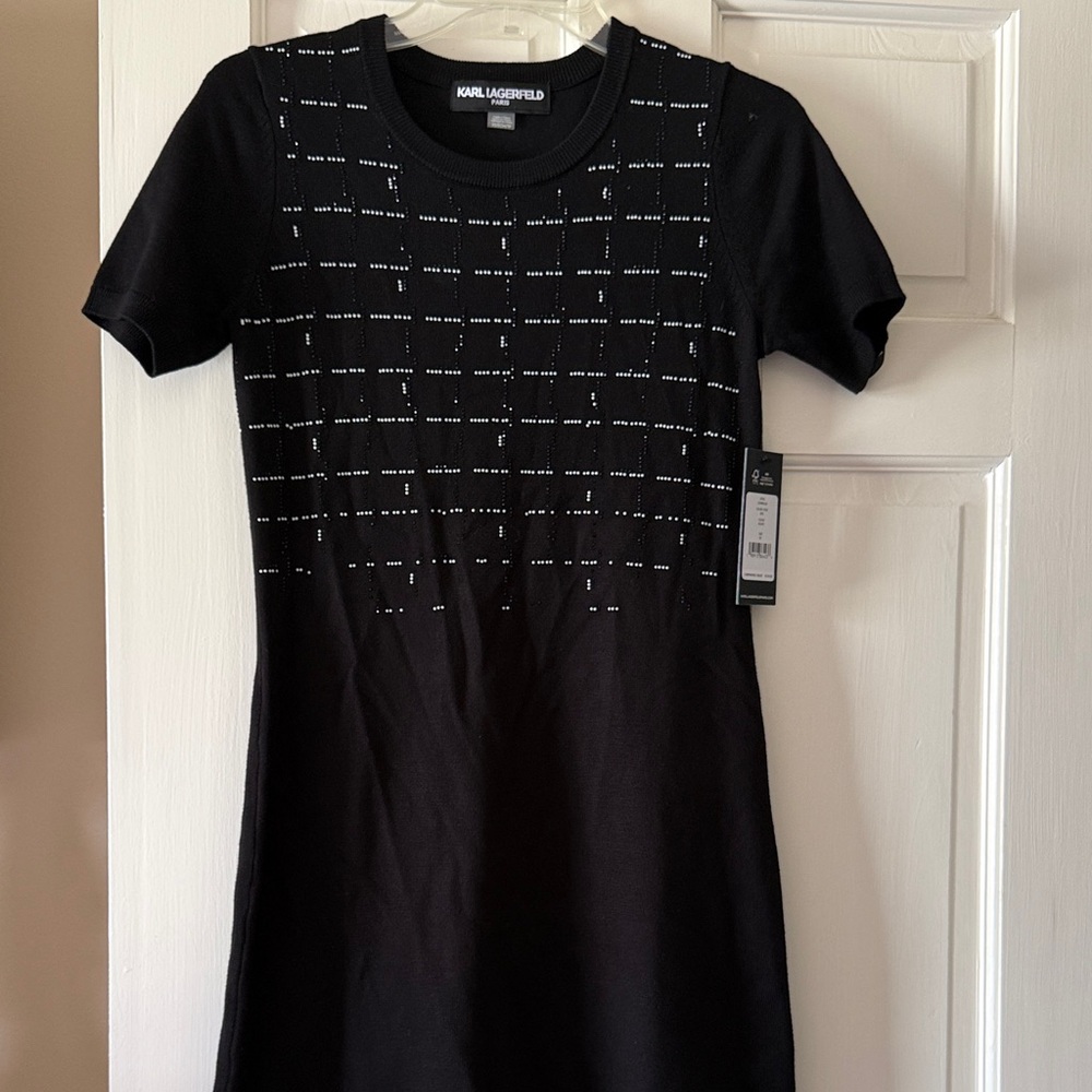 Karl Lagerfeld Black Short Sleeve Shift with Studded Grid